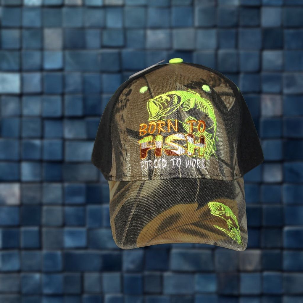 Born VINTAGE TOP BORN TO FISH FORCED TO WORK FISHING BASEBALL CAP Adjustable Black Camo Mens Size ONE SIZE - 1 Thumbnail