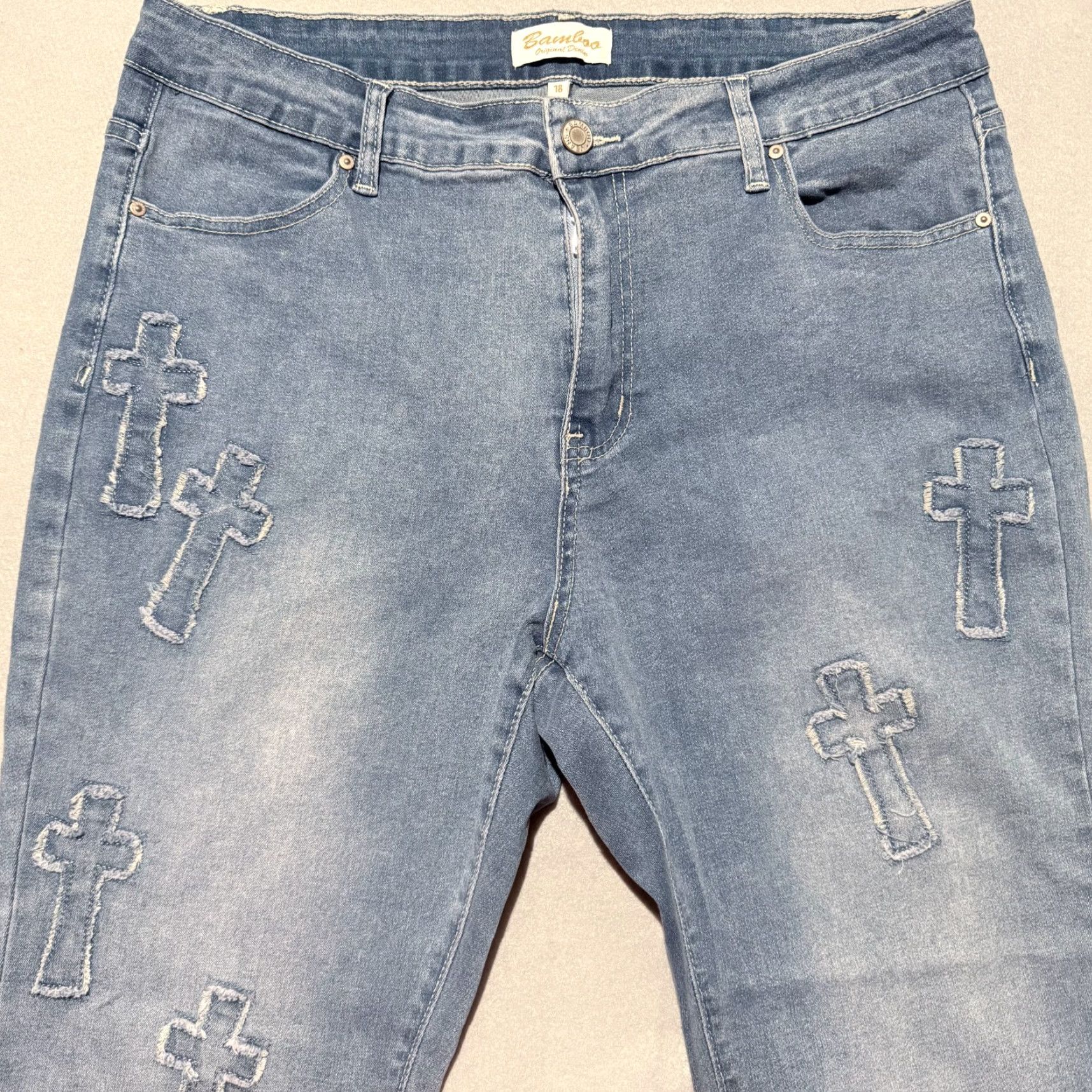 Vintage Bamboo Jeans Women's Blue Denim Stretch Frayed Hem Skinny 18 Cross Patch Heart Style - Jeans Size 40" / US 18 - 3 Thumbnail