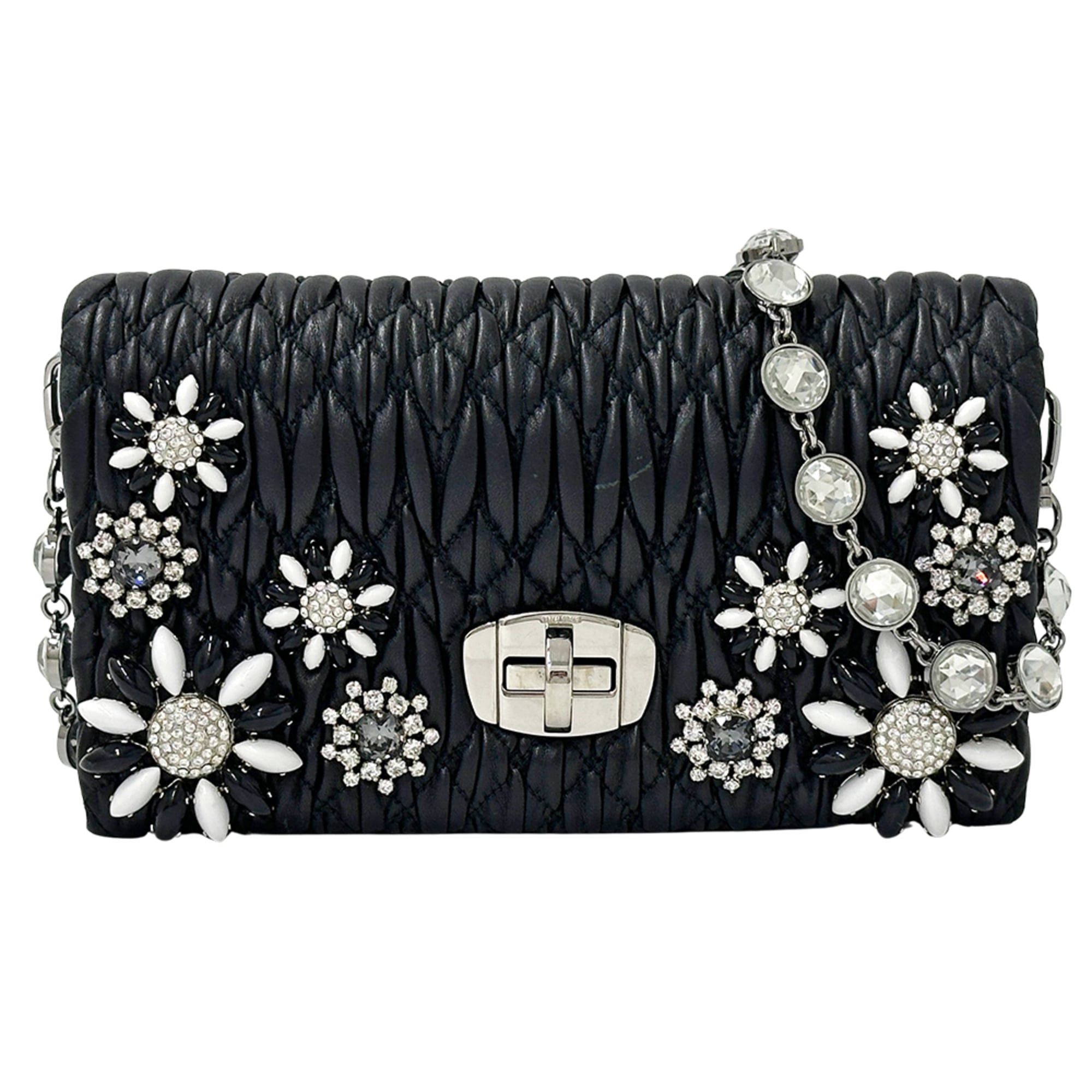 Miu Miu Miu Miu Miu handbag for women, brand name, Matelassé, shoulder bag, leather, black, floral, jewel, chain shoulder, black mini bag. Size ONE SIZE - 1 Thumbnail