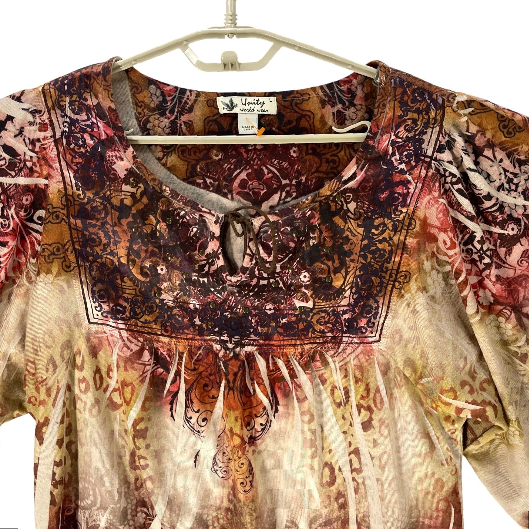 Vintage Unity World Wear Blouse Womens L Brown Short Sleeves Bohemian Fairy Paisley Round Neck Tunic Shirt Everyday Mens? Size L / US 10 / IT 46 - 3 Thumbnail