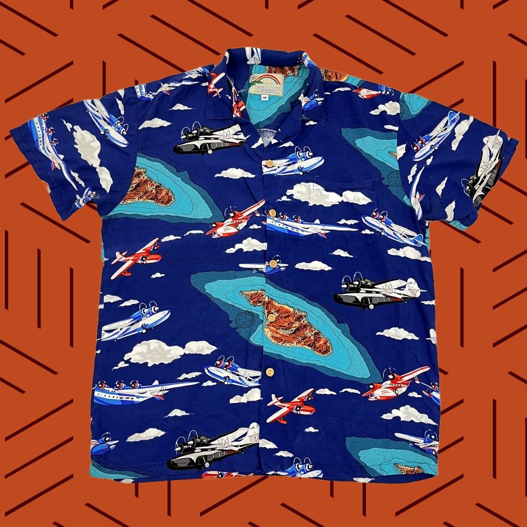 Paradise Paradise Found Shirt Mens M Blue Airplanes Aviation Scenic Aloha Button Up S/S Size US M / EU 48-50 / 2 - 1 Thumbnail