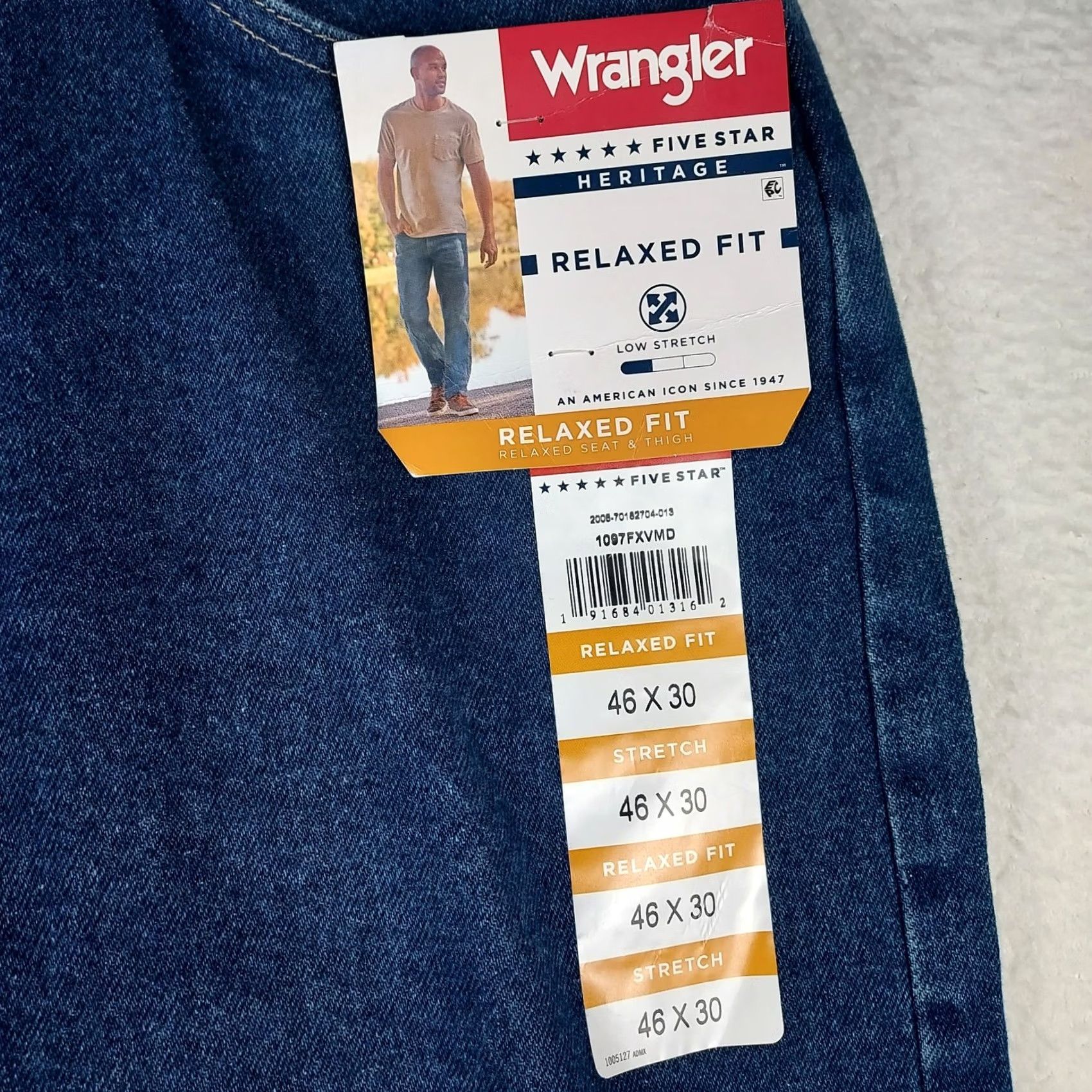 Wrangler Wrangler Five Star Relaxed Fit Jeans Mens 46x30 Stretch Denim NWT Blue 5-Pocket Logo Straight Jeans Mens LGE40 Size US 30 / EU 46 - 5 Thumbnail