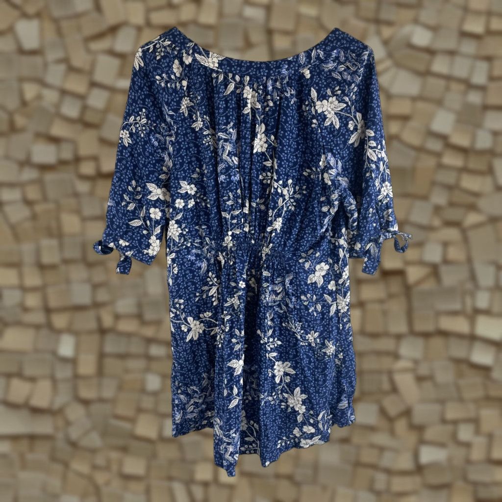 Vintage Ellos Short Dress Women's Size 14 Blue Floral Above Knee Sleeve Hem Tie Boatneck Shirt Dress Womens Size 36" / US 14 / IT 50 - 1 Thumbnail