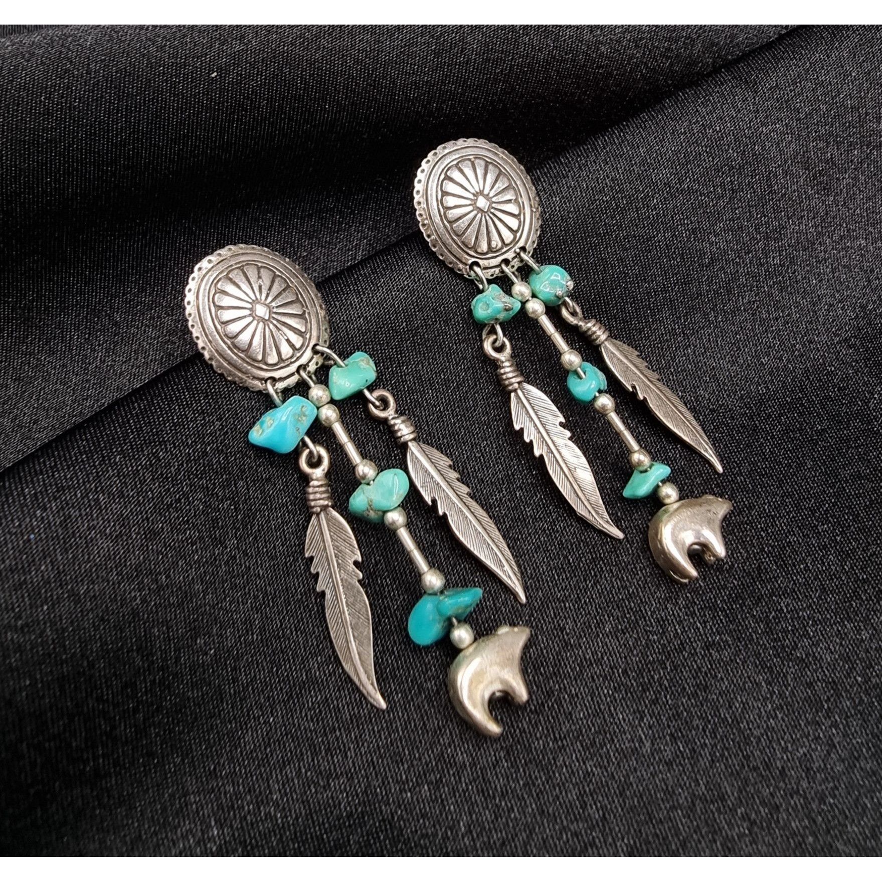 Vintage 1990s Sterling Silver Turquoise Feather & Bear Dangl