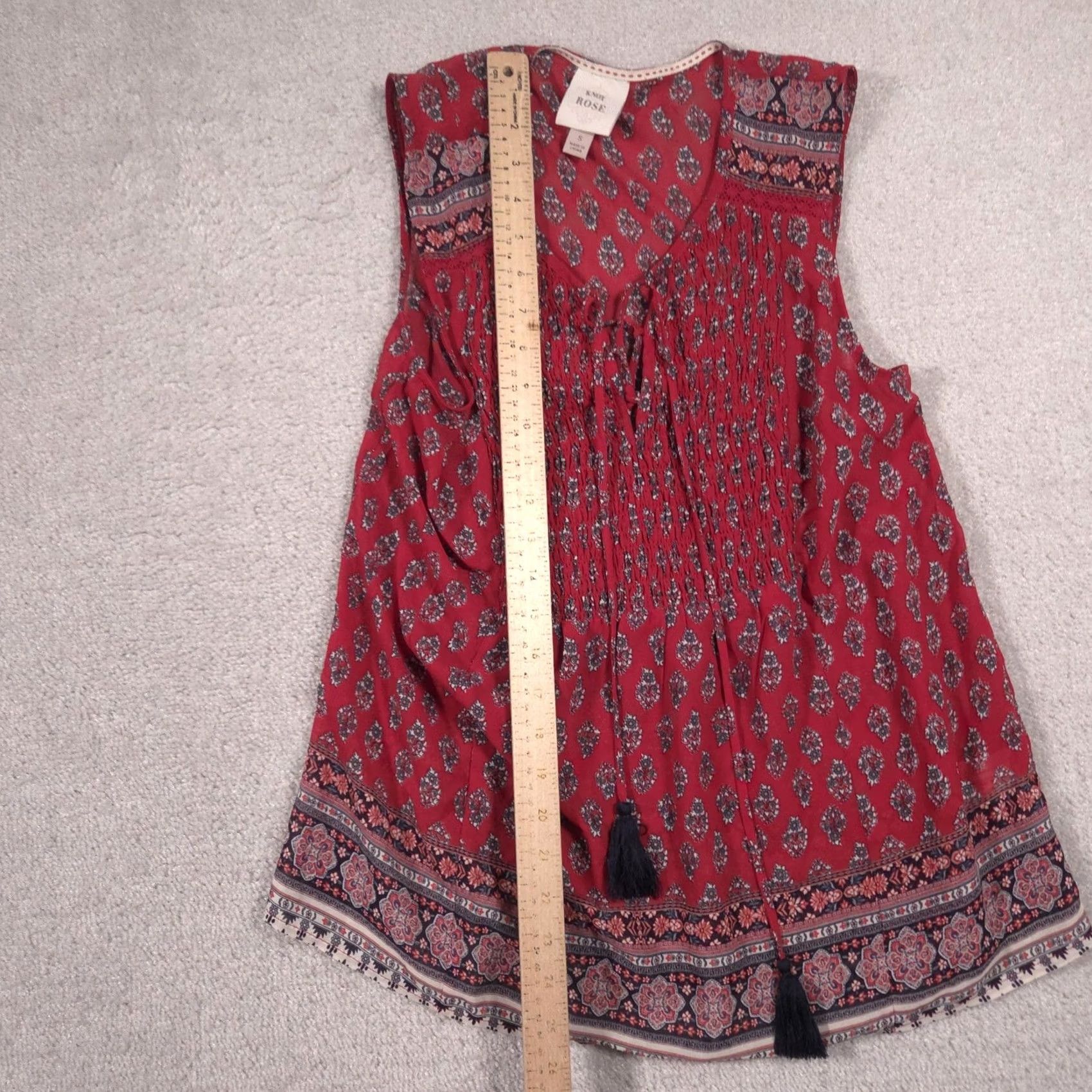 Vintage Knox Rose Blouse Womens Small Red Floral Smocked Tassel Sleeveless Tunic Top Size S / US 4 / IT 40 - 7 Thumbnail