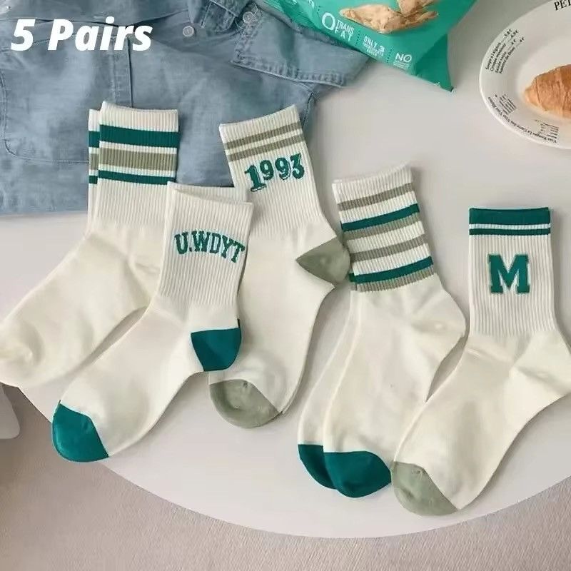 Vintage 5 Pairs Women's Socks Classic Striped Letter Print Size ONE SIZE - 2 Thumbnail