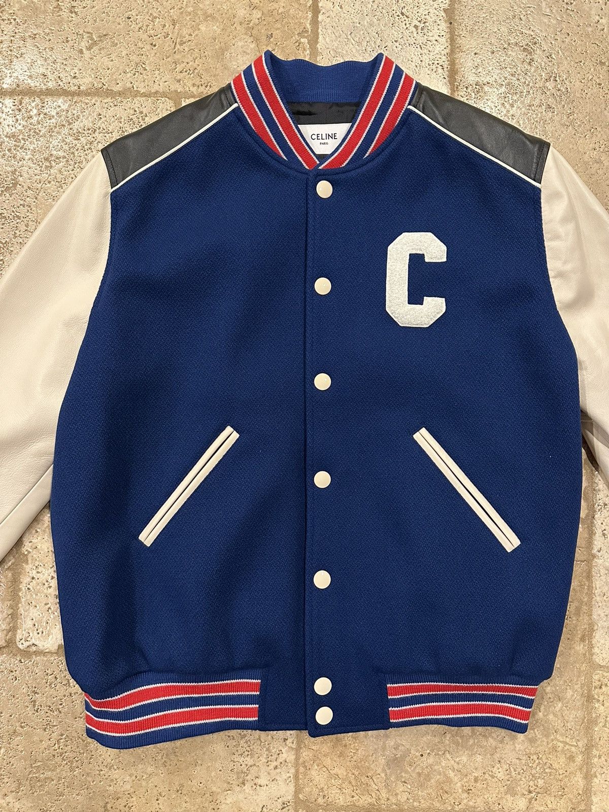 Celine × Hedi Slimane Celine x Hedi C Logo Leather Sleeve Blue Woold Teddy Jacket Size US L / EU 52-54 / 3 - 6 Thumbnail
