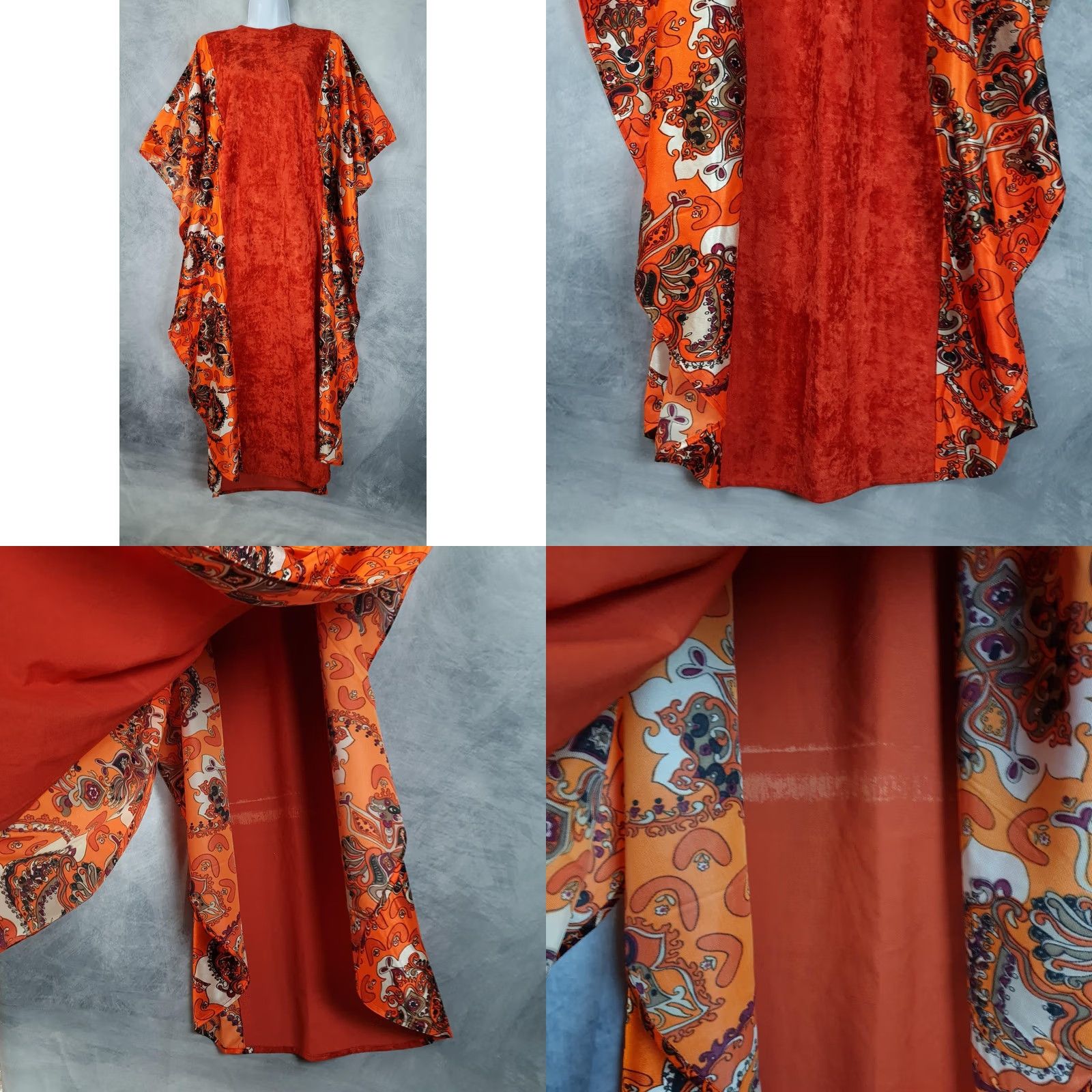 Velvet VINTAGE Maeko's Kaftan Dress Womens One Size Orange Velvet Paisley Maxi 70s Size ONE SIZE - 8 Thumbnail