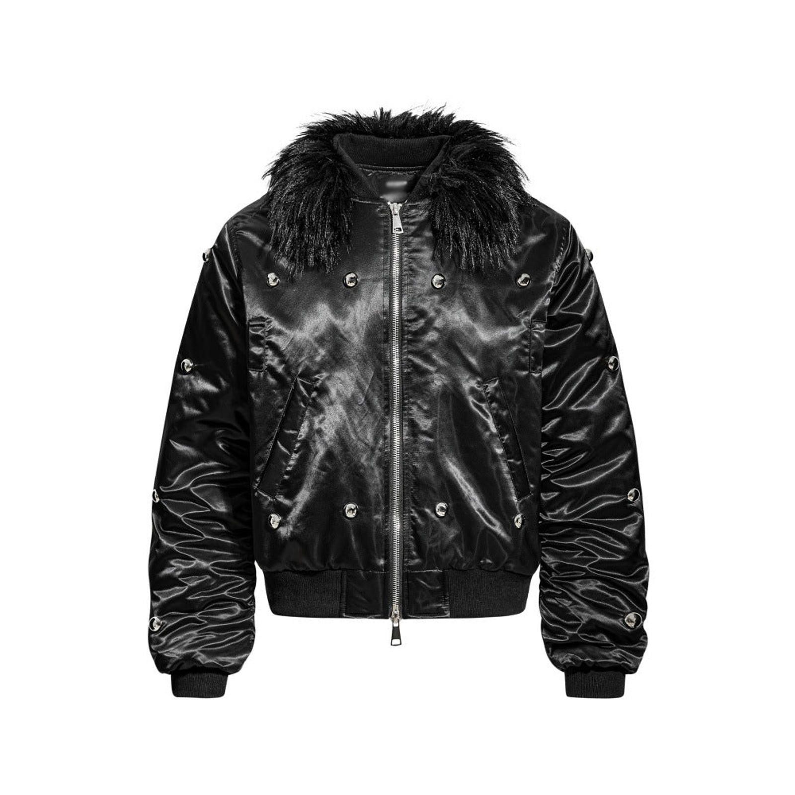 Japanese Brand Black Satin Bomber Jacket with Fur Collar and Studs Size US M / EU 48-50 / 2 - 1 Thumbnail