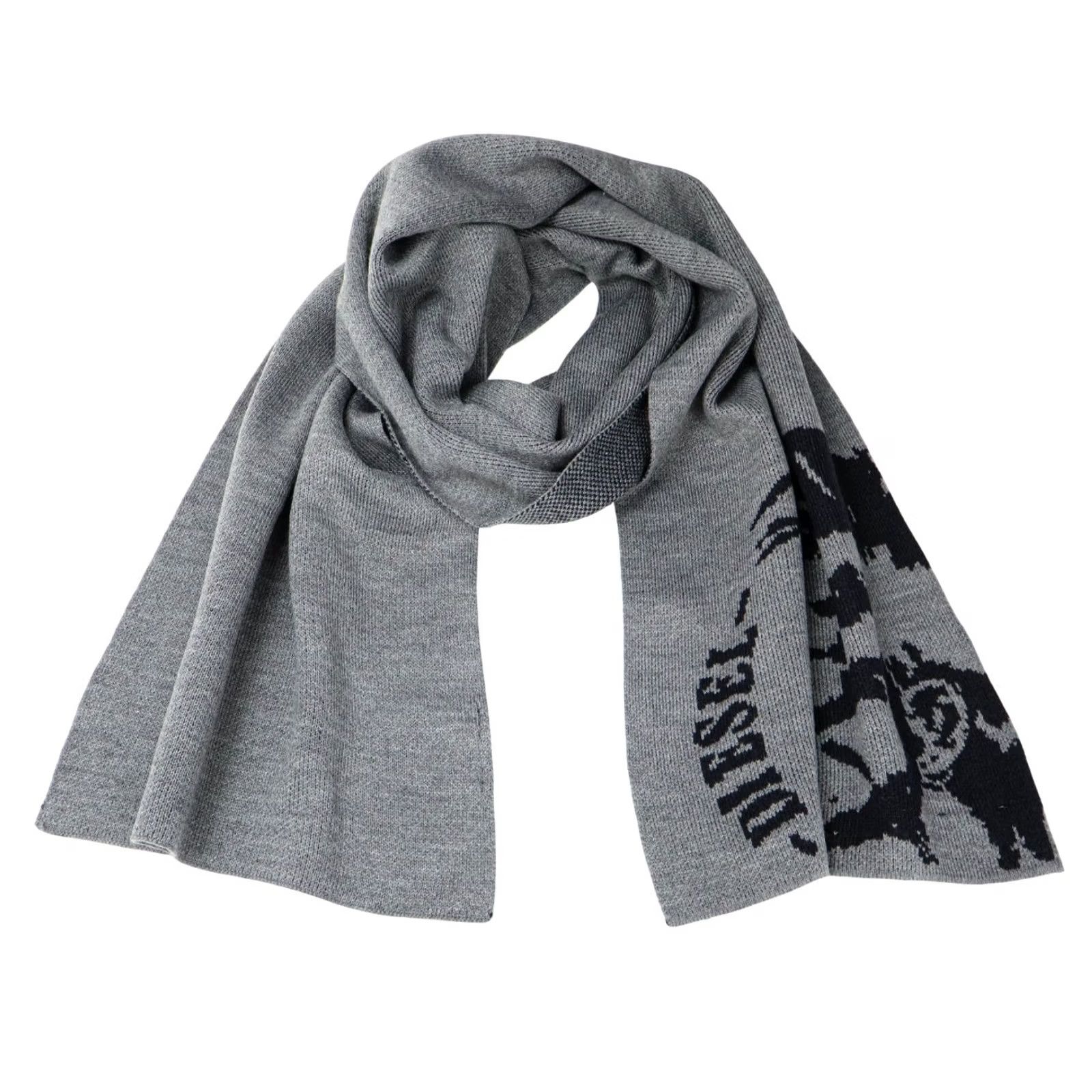 Diesel DIESEL Scarf Men ONE SIZE Grey Logo Rib Knitted Rectangle Muffler Size ONE SIZE - 4 Thumbnail