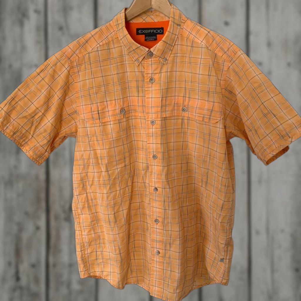 ExOfficio VINTAGE ExOfficio Shirt Mens L Orange Plaid Short Sleeve Button-Down Collared Breathing Lightweight Cotton Blend Pockets Size US L / EU 52-54 / 3 - 1 Thumbnail