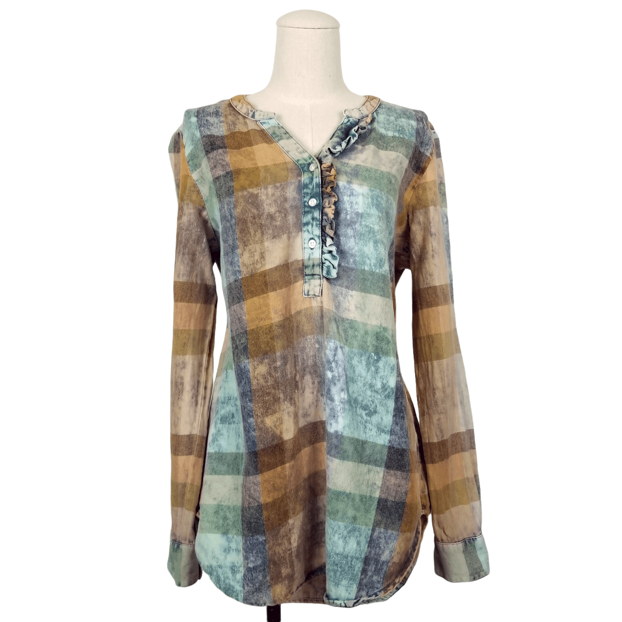 Anthropologie Isabella Sinclair Ruffle Plaid Bleach Dye Tunic Size S / US 4 / IT 40 - 1 Thumbnail