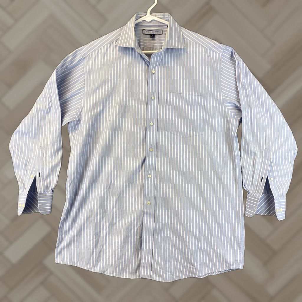 Tommy Hilfiger Tommy Hilfiger Regular Fit Dress Shirt Men's Long Sleeve Collared Button Casual Workwear Blue Striped Size L Size 42R - 1 Thumbnail