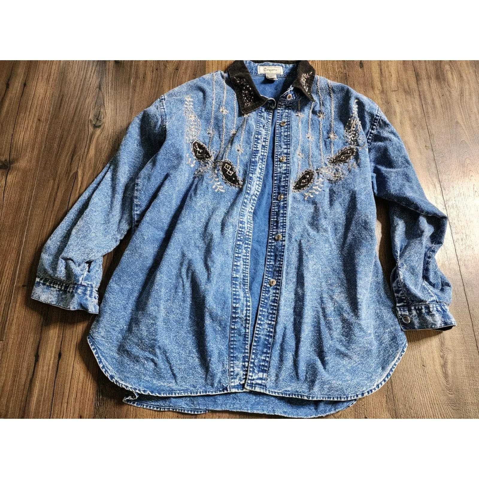 Vintage VINTAGE 80s Womens 2X Embroidered Acid Wash Jeans Denim Work Shirt Paisley Size XXL / US 16-18 / IT 52-54 - 2 Thumbnail