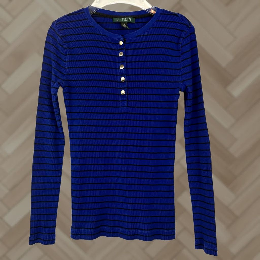 Ralph Lauren Lauren Ralph Lauren Shirt Womens XS Blue Stripe Long Sleeve Henley Button 90s Classic Size XS / US 0-2 / IT 36-38 - 1 Thumbnail