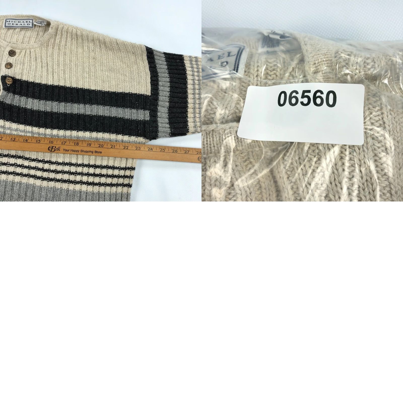 Vintage VINTAGE Michael Gerald Men's L Striped Ribbed Henley Sweater Beige Gray Burgundy Pullover Button-Up Knit Ramie Cotton Classic Outdoor Fall Winter Size US L / EU 52-54 / 3 - 8 Thumbnail