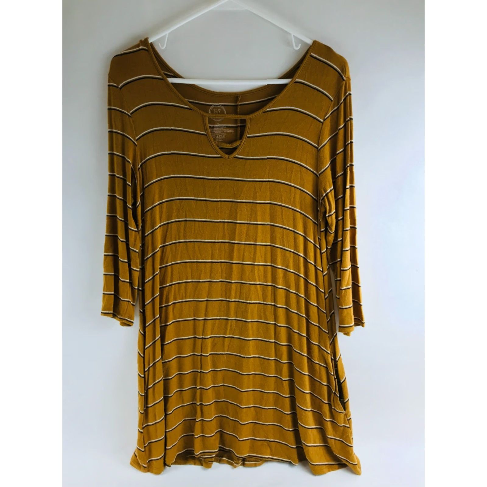 Vintage Maurices Dress Shirt Dress Women's M Light Brown Long Sleeve Boatneck Striped Pockets Size M / US 6-8 / IT 42-44 - 2 Thumbnail