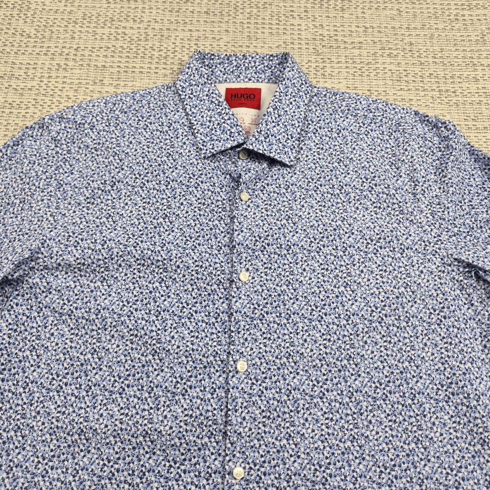Hugo Boss HUGO BOSS Dress Shirt Mens 16 34/35 Blue Floral Slim Fit Stretch Long Sleeve Size 42R - 4 Thumbnail
