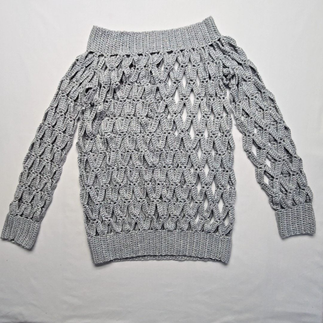 Handmade Knitted Off Shoulder Oversized M Crochet Sweater Sparkle Size M / US 6-8 / IT 42-44 - 6 Thumbnail