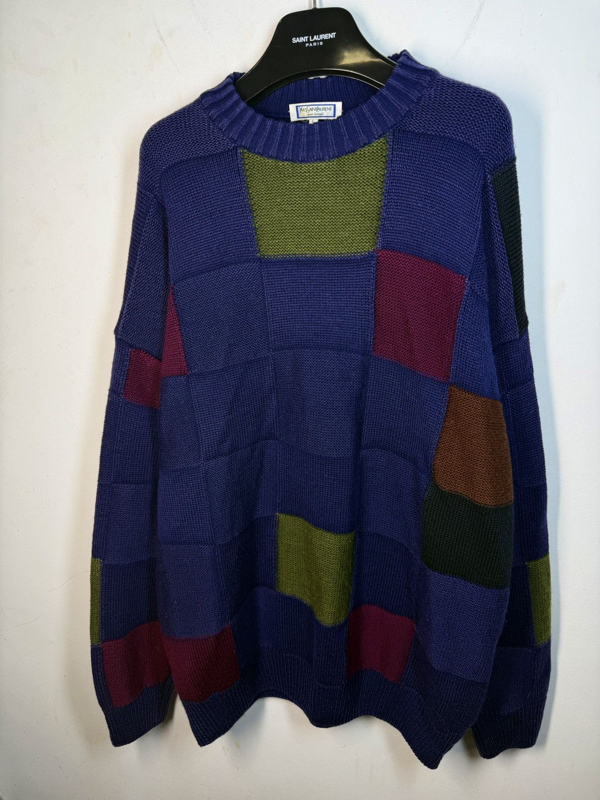Yves Saint Laurent 🇮🇹 90s Wool YSL Sweater Knit Patchwork Saint Laurent Paris Size US L / EU 52-54 / 3 - 5 Thumbnail