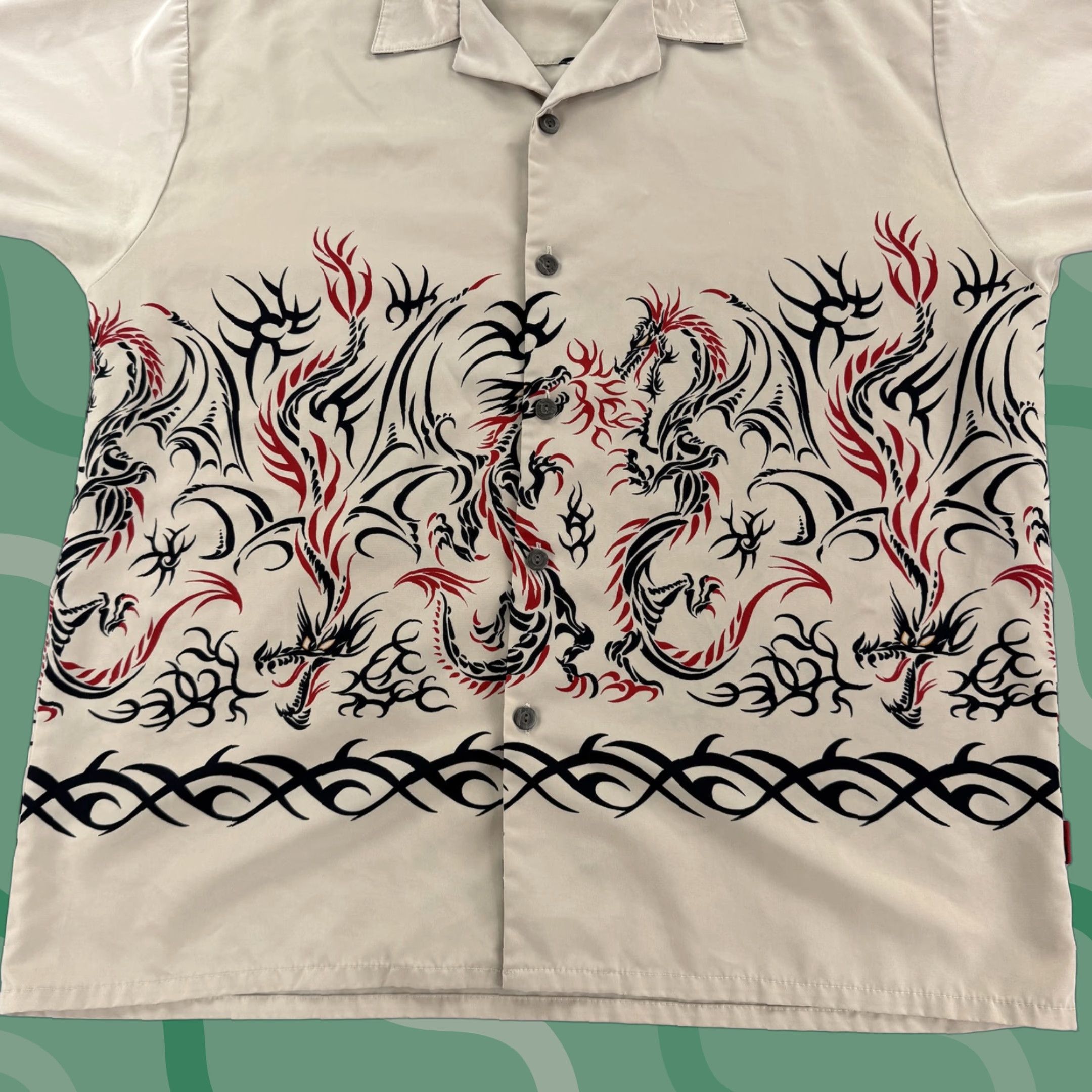 Vintage Pineapple Connection Shirt Mens Large Beige Tribal Dragon Tattoo Print Button Up Size US L / EU 52-54 / 3 - 1 Thumbnail
