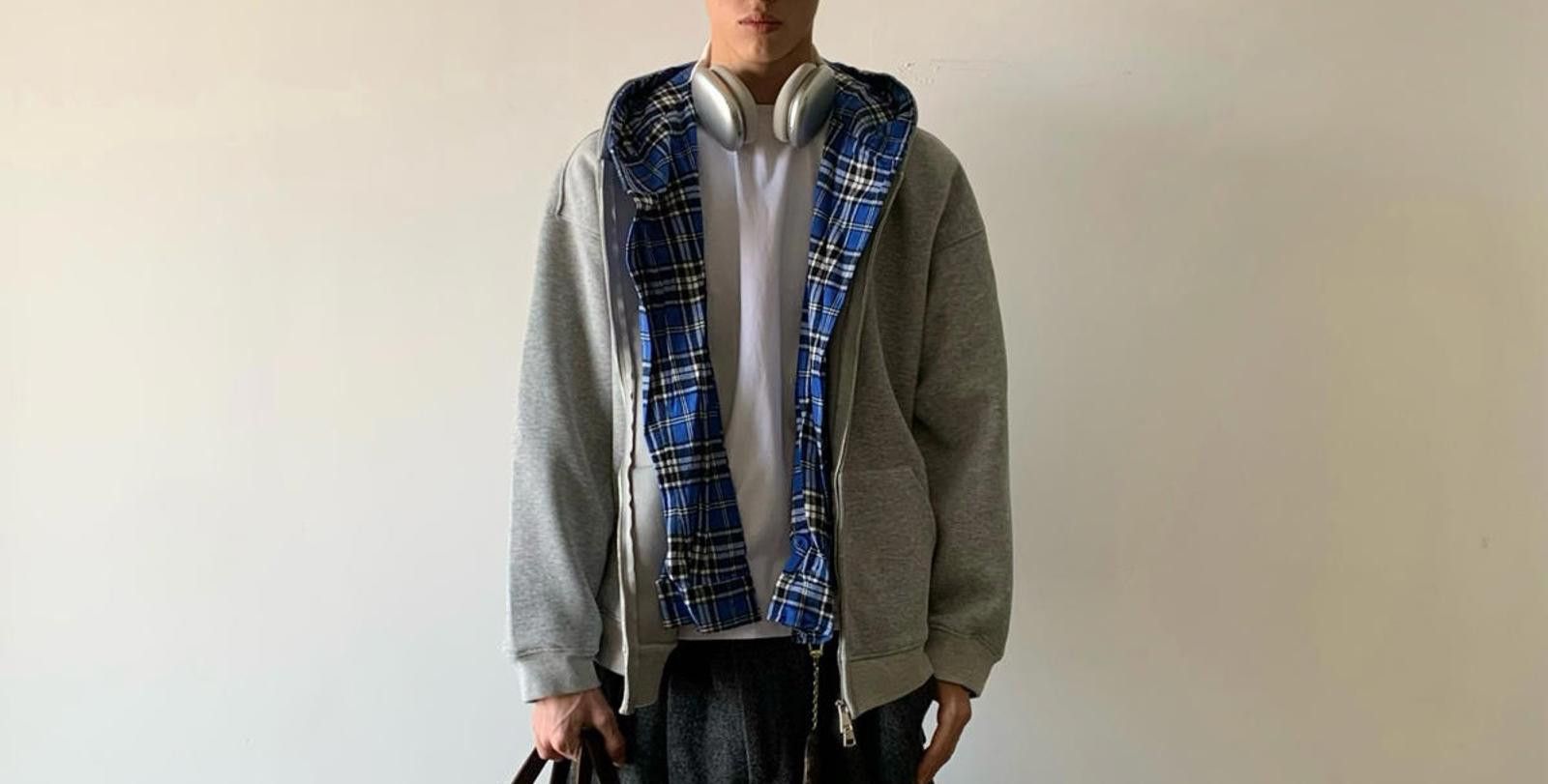 Vintage Grey Hoodie with Plaid Lining Size US M / EU 48-50 / 2 - 2 Thumbnail