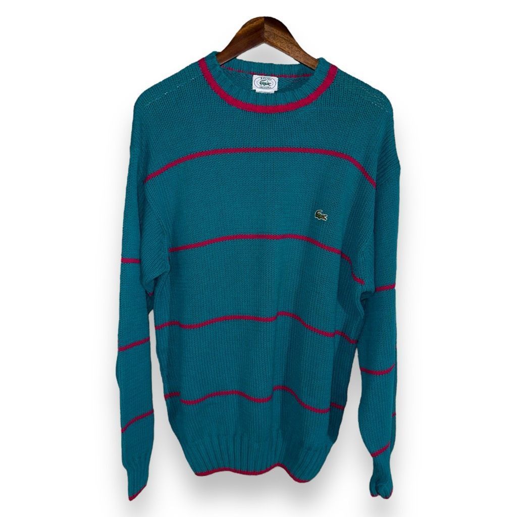 Lacoste 80s Lacoste Alligator Green Striped Chunky Knit Sweater Size Size US L / EU 52-54 / 3 - 1 Thumbnail