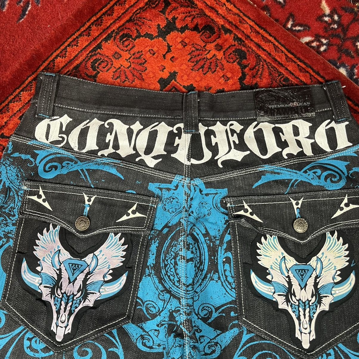 Other Raw Blue Jeans Y2K Turquoise Blue Baroque Skull Wing Graphic Size US 36 / EU 52 - 6 Thumbnail