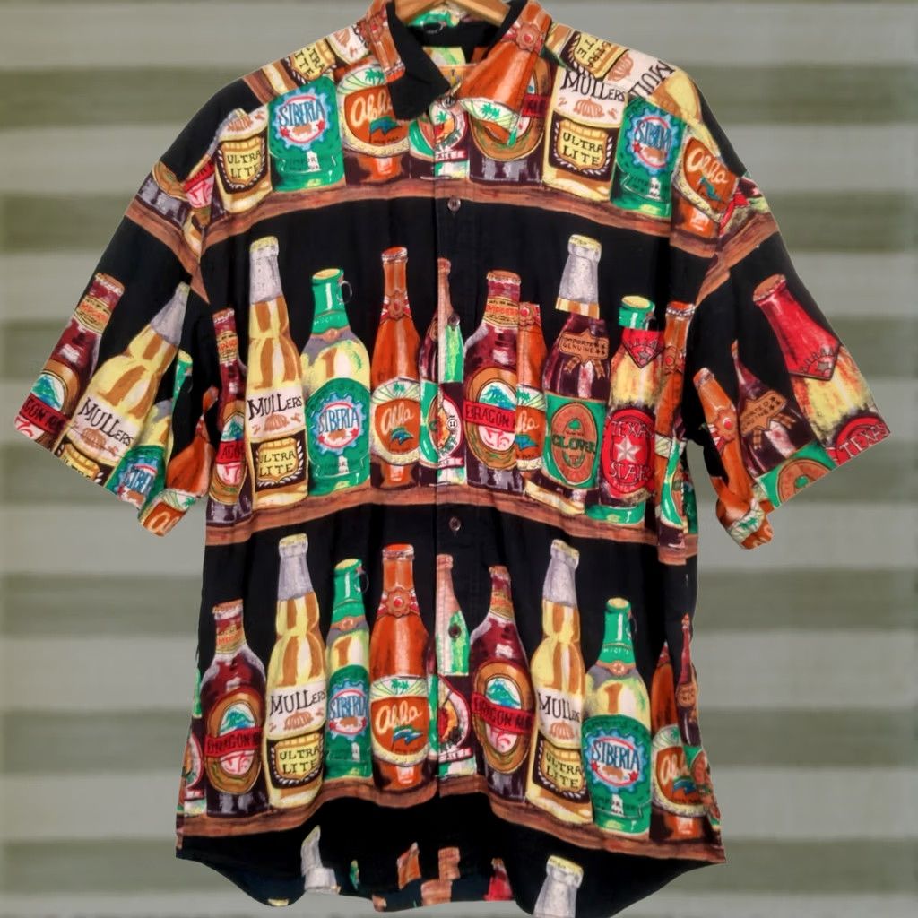 ALOHAS Sergio Valente Beer Shirt Men L Black Short Sleeve Button-Up Collared Brew Bottles Aloha Party Casual Size US L / EU 52-54 / 3 - 1 Thumbnail