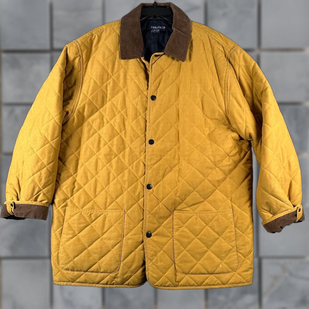 Vintage Nautica Quilted Chore Jacket Mens XL Gold Corduroy Collar Cuff Snap 90s Outdoor Reversible Colorful Zip