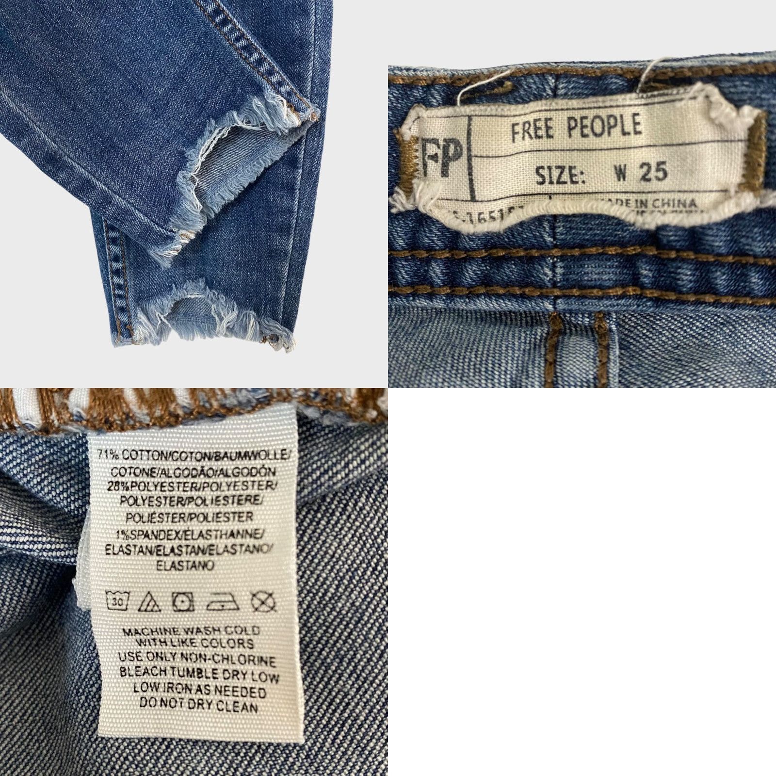 Free People Free People Skinny Jeans Womens 25 Blue Denim Mid Distressed Raw Hem Ankle Cropped Pockets Stretch Cotton Blend Denim 5-Pocket Womens Jeans Size 42" / US 20 - 8 Thumbnail