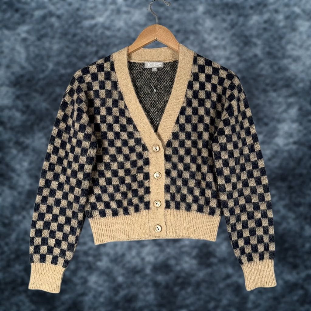 J.Crew J.Crew Cardigan Womens XXS Checkered V-Neck Raglan Knit Wool Alpaca Brushed Yarn Button Front Sweater Brown Navy Tan Pattern Size XXS / US 00 / IT 34 - 1 Thumbnail