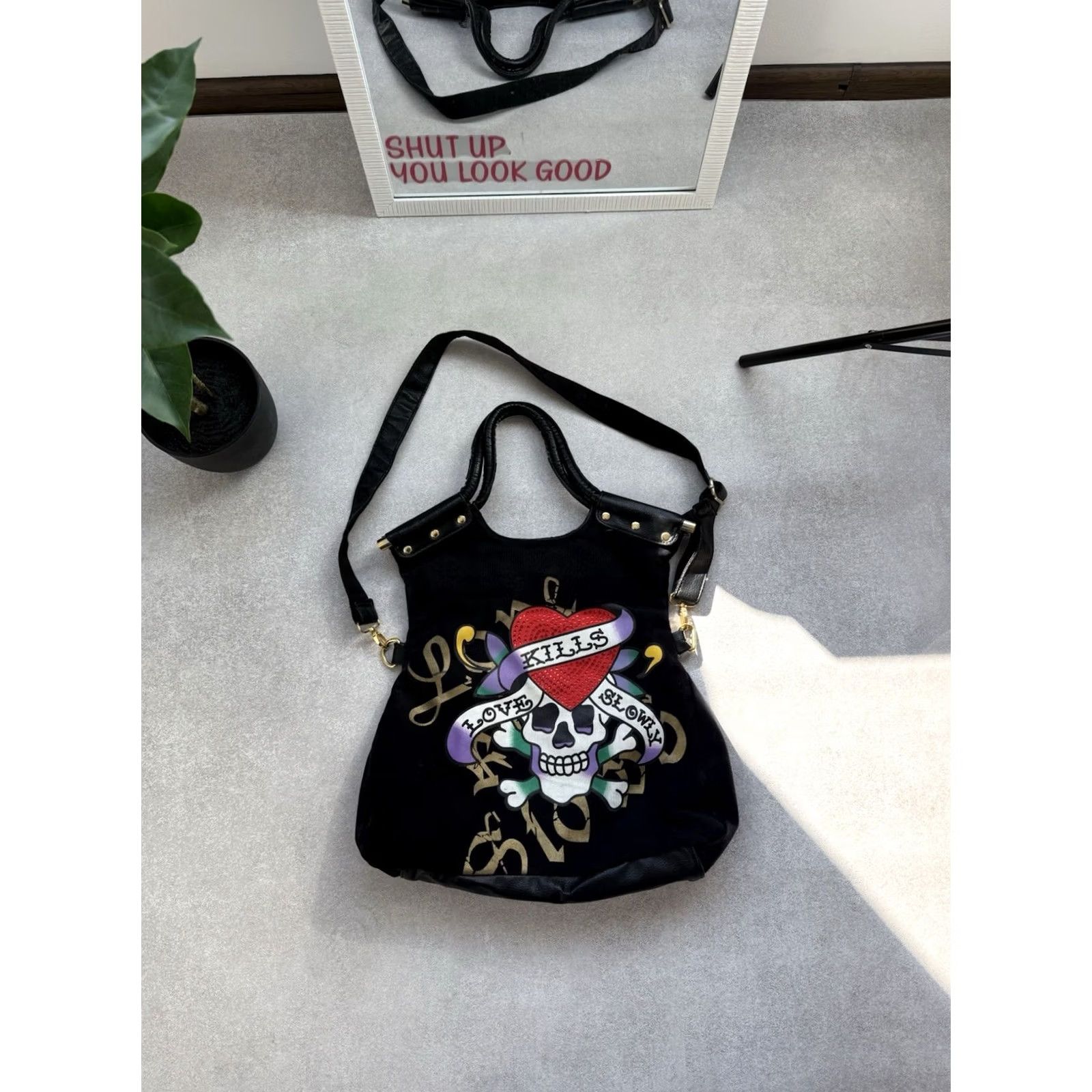 Ed Hardy Ed Hardy Love Kills Slowly Skull Heart Shoulder Bag Black Y2K Crossbody Tote Size ONE SIZE - 2 Thumbnail
