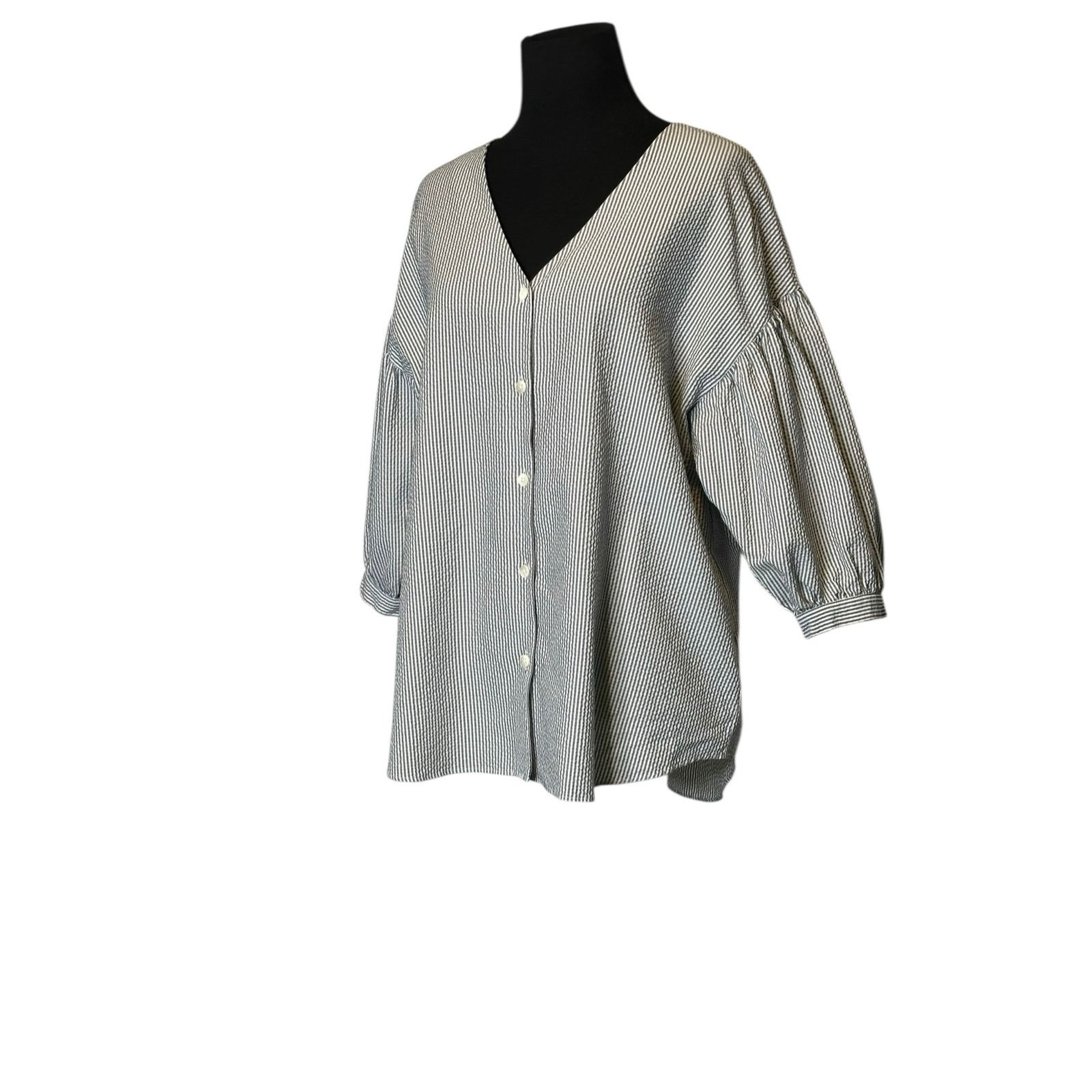 MOUSSY Moussy gray white striped 3/4 sleeves blouse size Free Size Size ONE SIZE - 10 Thumbnail