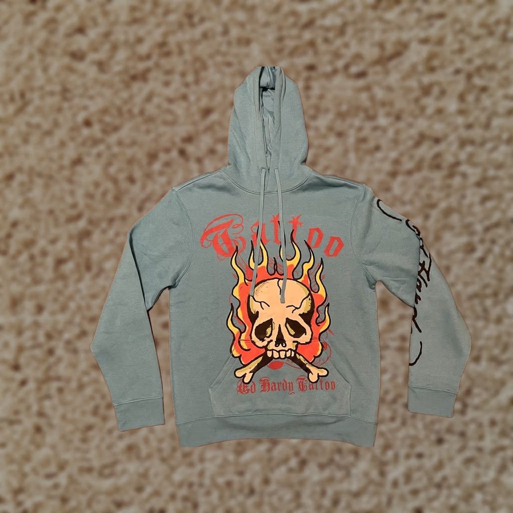 Ed Hardy Ed Hardy Tattoo Skull Flames Blue Pullover Hoodie Sweatshirt - Men's M - New! Size US M / EU 48-50 / 2 - 1 Thumbnail