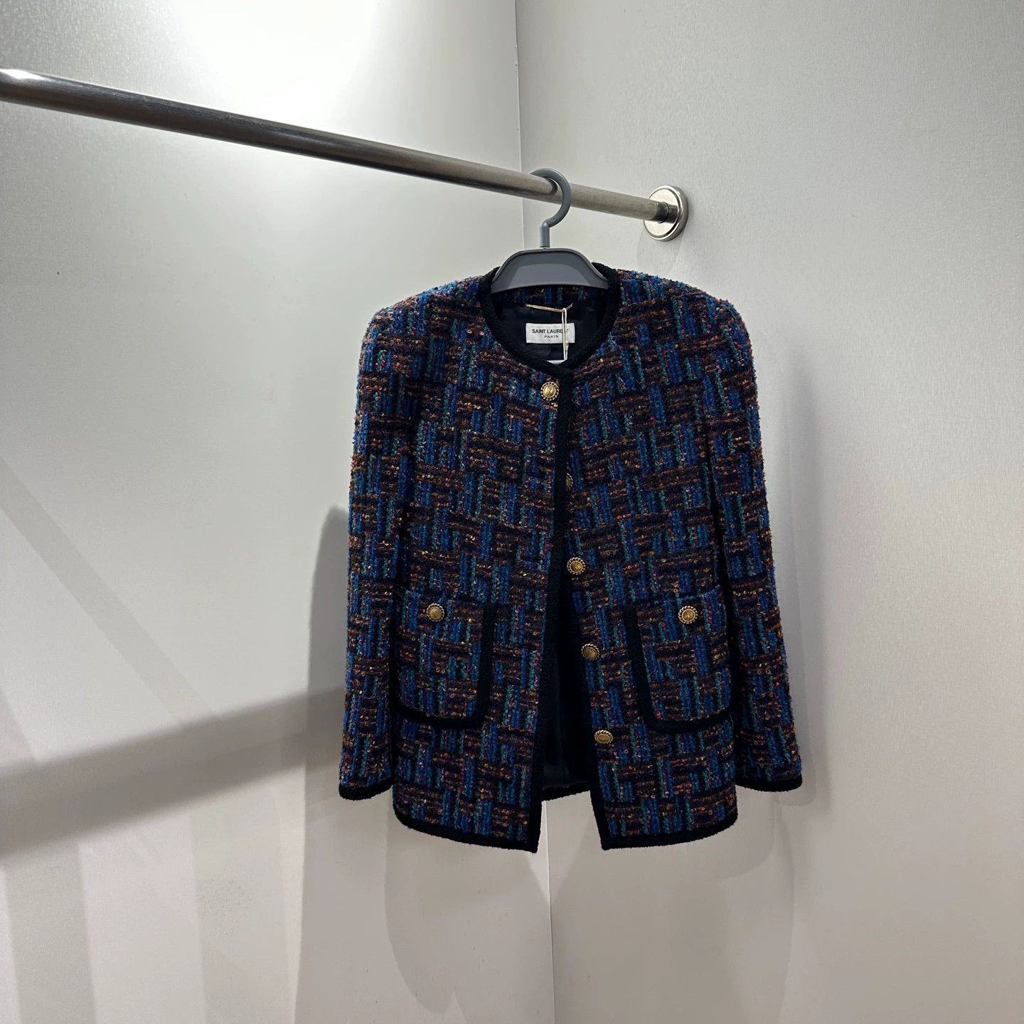Saint Laurent Paris SL may361 Tweed Logo Gold Button Wool Cardigan F38 Size S / US 4 / IT 40 - 1 Thumbnail