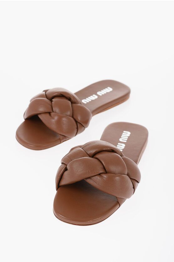 image of Miu Miu Braided Leather Slides in Brown, Women's (Size 7)