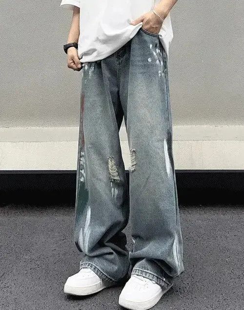 Japanese Brand × Jean Stylish Splash Ink Blue Distressed Baggy Jeans Size US 27 - 3 Thumbnail
