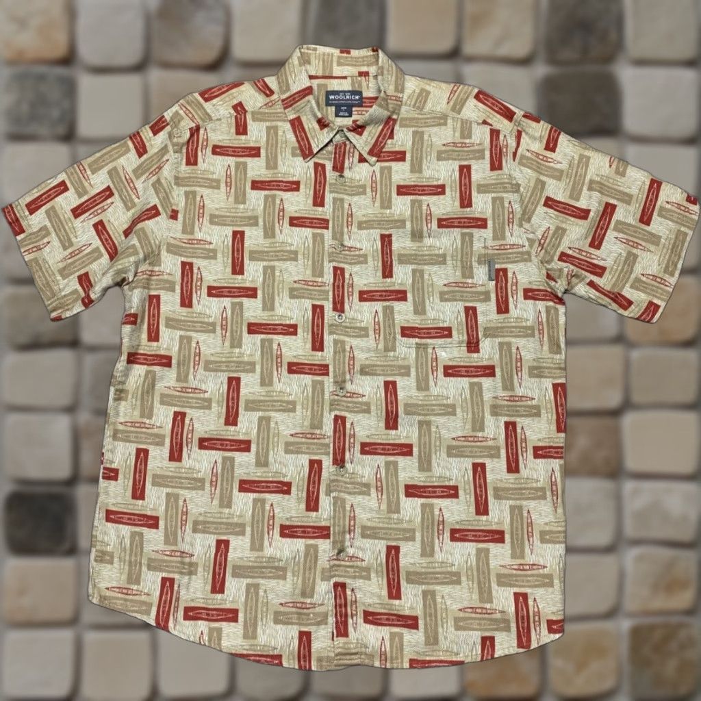 Vintage Woolrich Shirt Short Sleeve Mens Button-Down Outdoorwear Large Brown Red Geometric Pattern Casual Travel Cotton Size US L / EU 52-54 / 3 - 1 Thumbnail