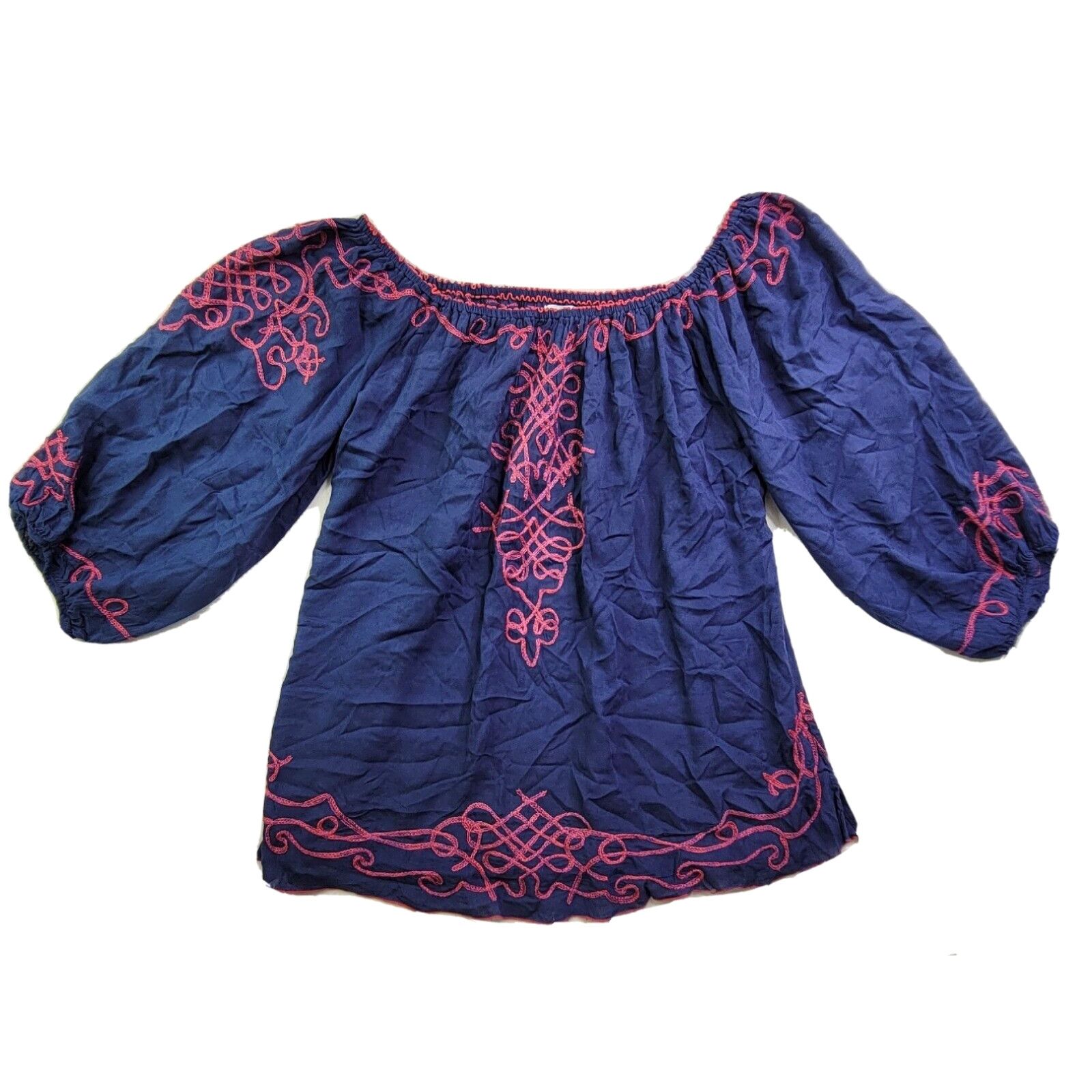 image of Poupette St Barth Poupette St. Barth Women L Navy Embroidered Pink Detail Beachy Loose Top Resort i