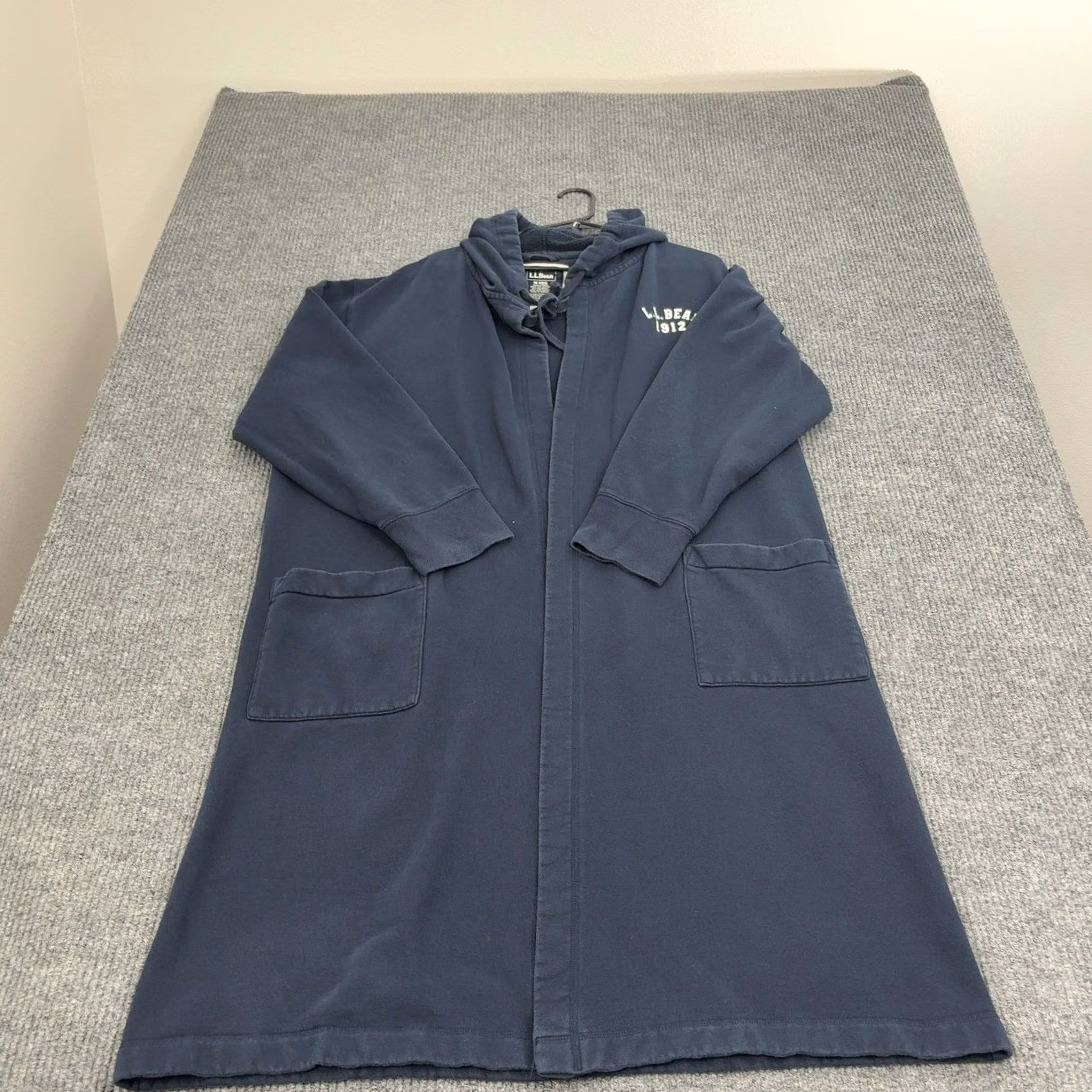 Vintage L.L. Bean Robe Womens M Navy Blue Cotton Blend Fleece Hooded Open Front Loungewear Size ONE SIZE - 5 Thumbnail
