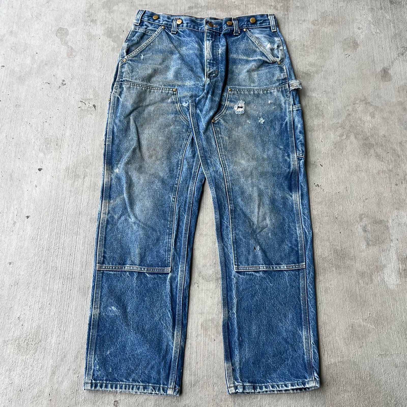 Carhartt faded blue denim jeans double knee work wear pants