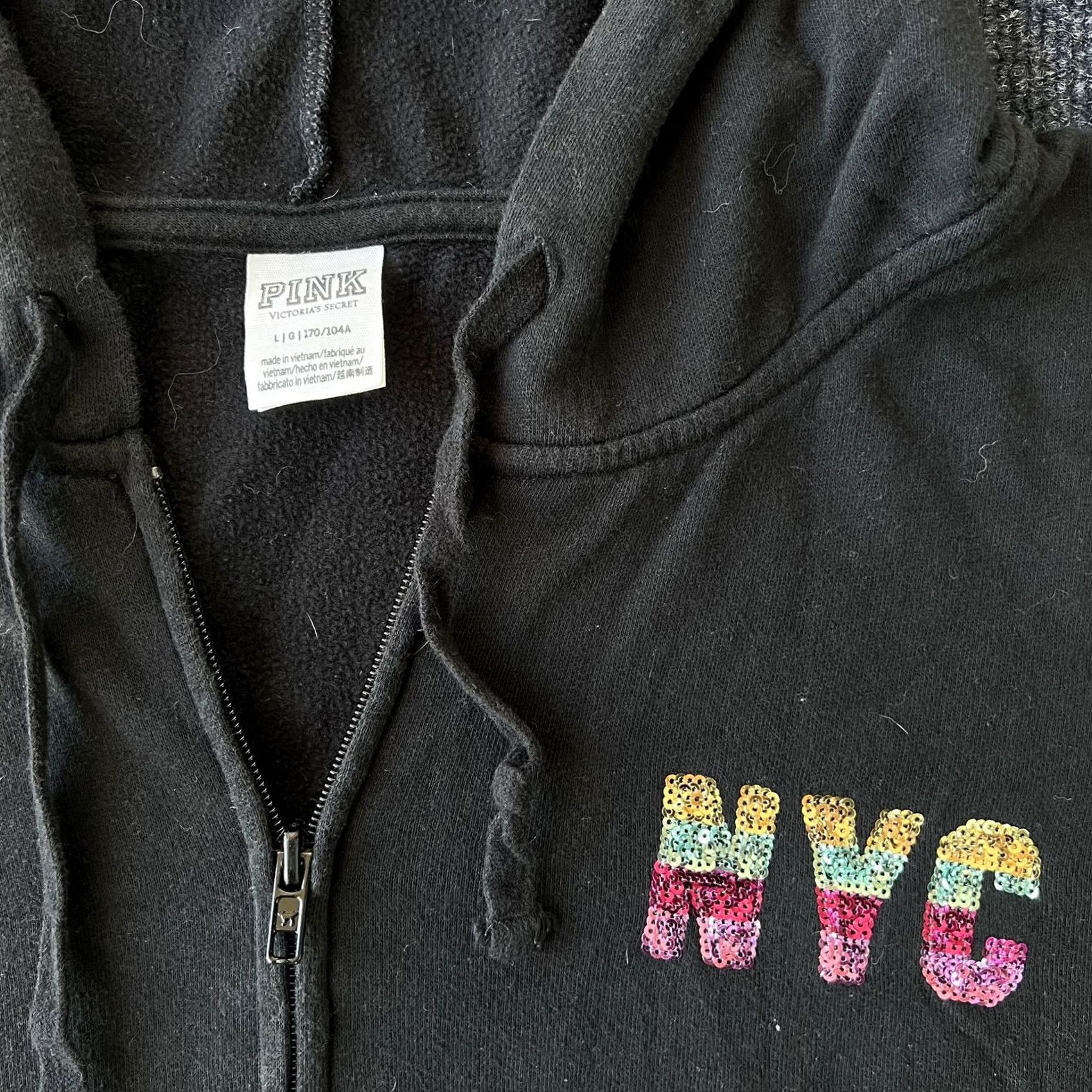 Pinko PINK Victoria's Secret Hoodie Womens Large Black Full Zip Sequin NYC Love Pink Size L / US 10 / IT 46 - 2 Thumbnail