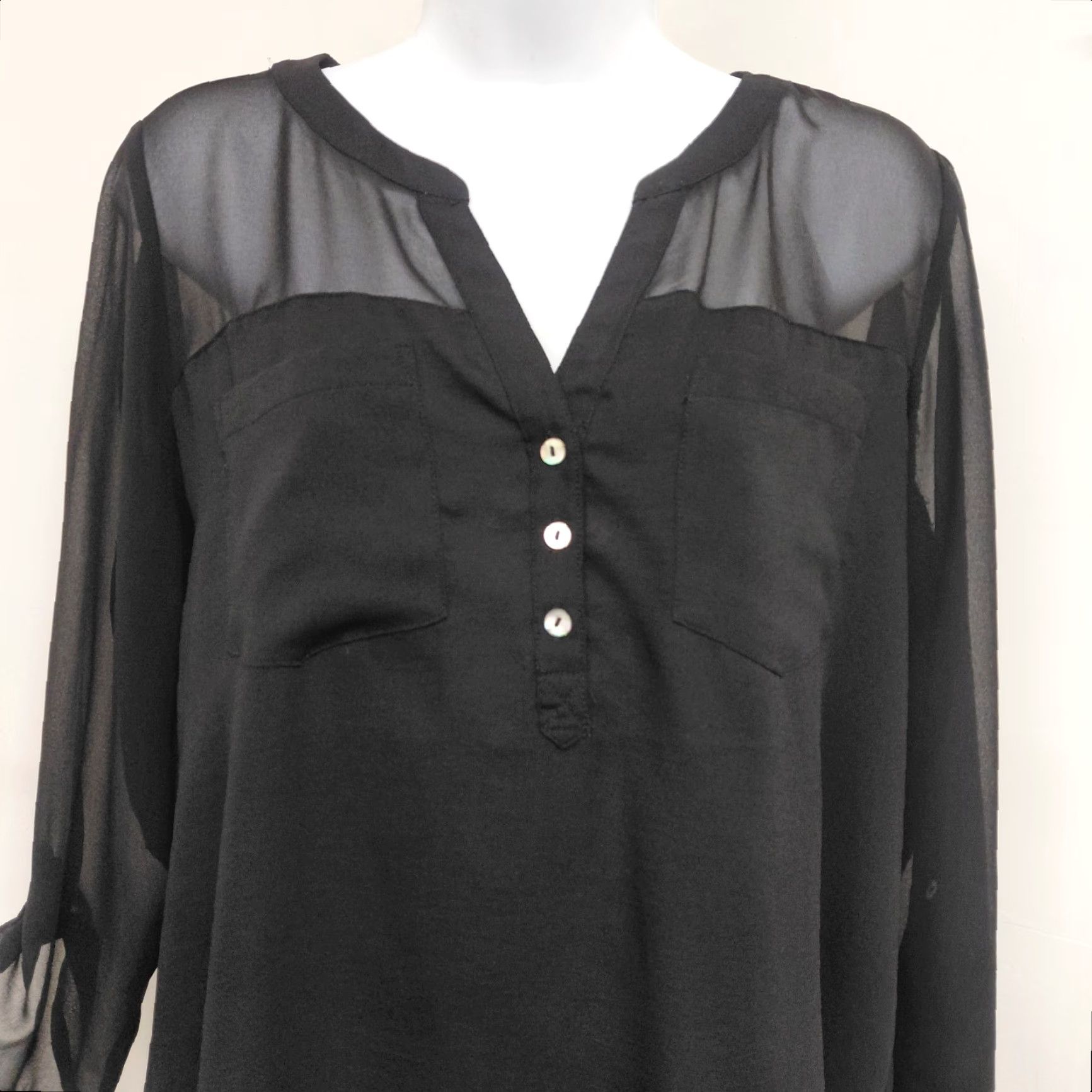 Express Express Blouse Top Womens Medium Black Sheer Chiffon Front Pockets 100 Poly Blouse Size M / US 6-8 / IT 42-44 - 6 Thumbnail