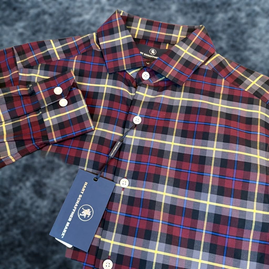 Hart Schaffner Marx Hart Schaffner Marx Shirt Plaid Button-Up Burgundy Grey Cotton NWT Small Men’s Long Sleeve Spread Collar Button Size US S / EU 44-46 / 1 - 1 Thumbnail