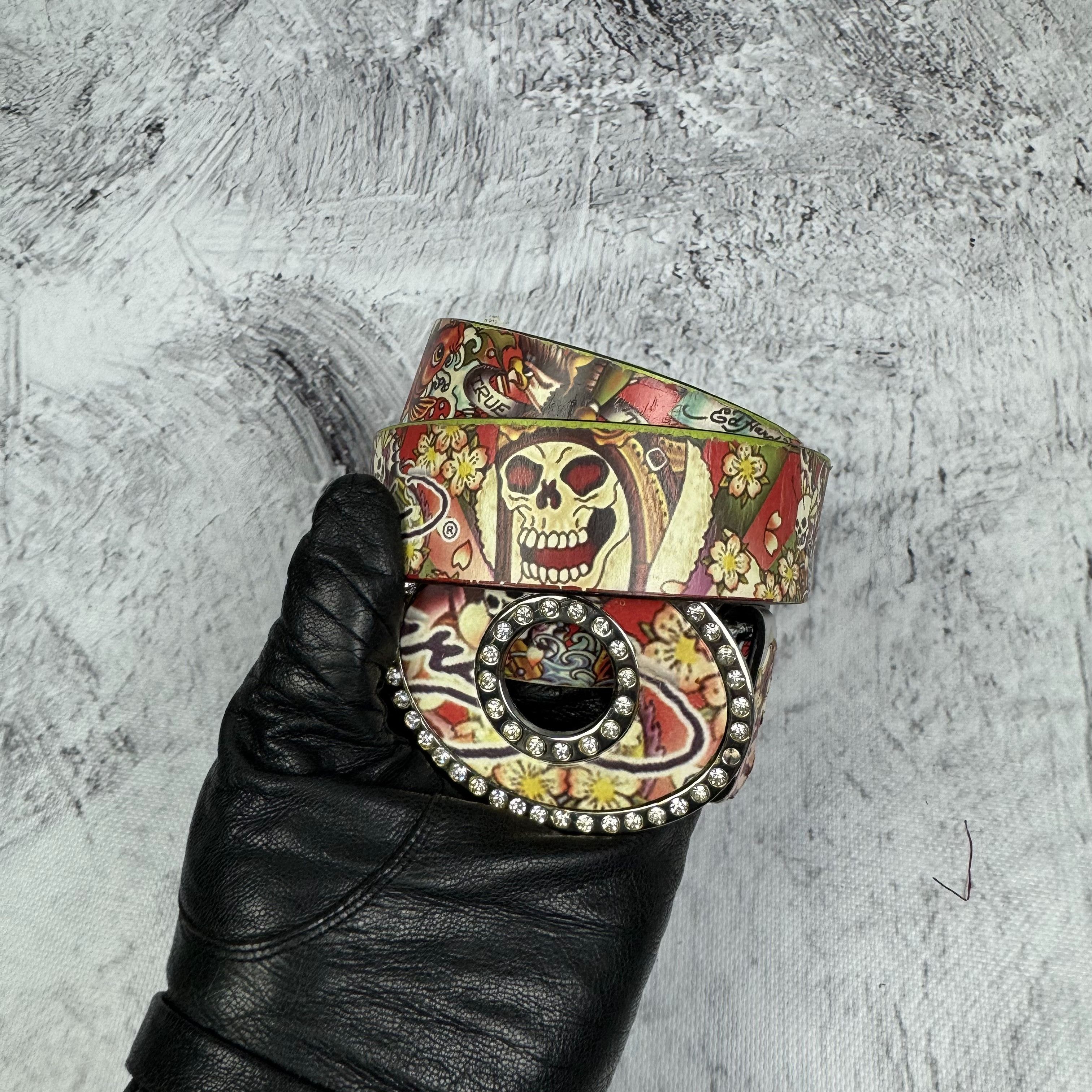 Ed Hardy Vintage Tattoo  Mustard Yellow Death Or Glory Rinestone Leather Belt Y2K Rare Ed Hardy Glitter Large Buckle Belt Leather  main image 4