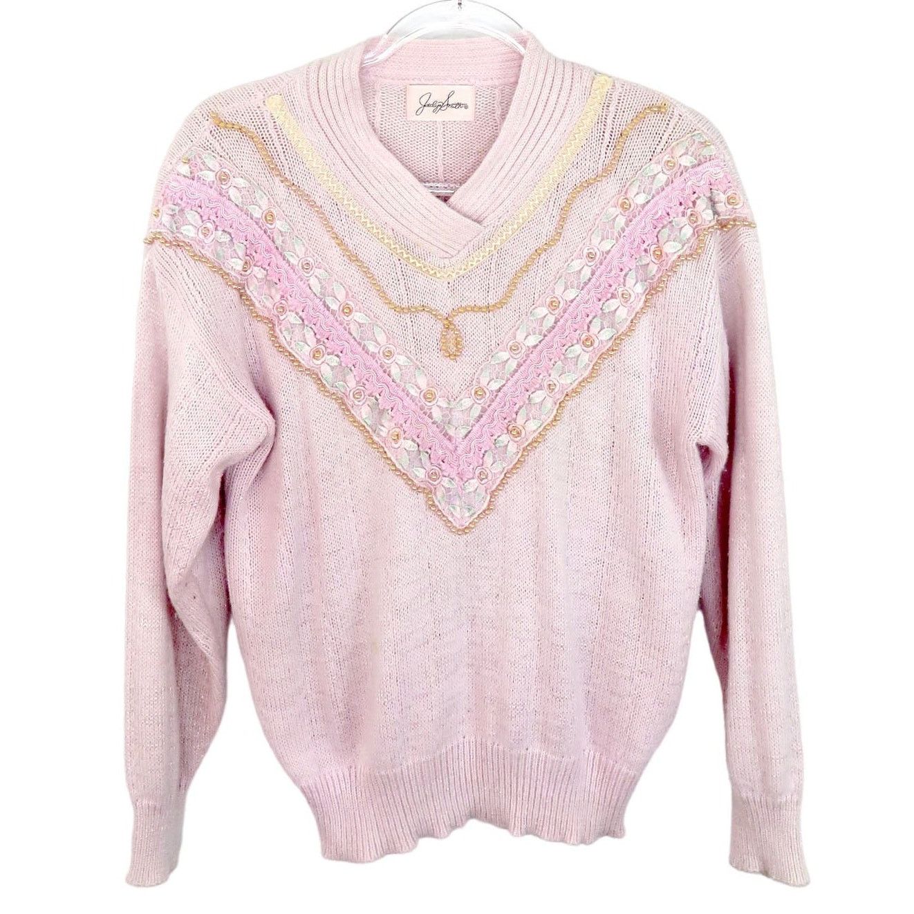 Vintage Vintage Pink Beaded Embroidered Sweater Large Grandmacore Size L / US 10 / IT 46 - 1 Thumbnail