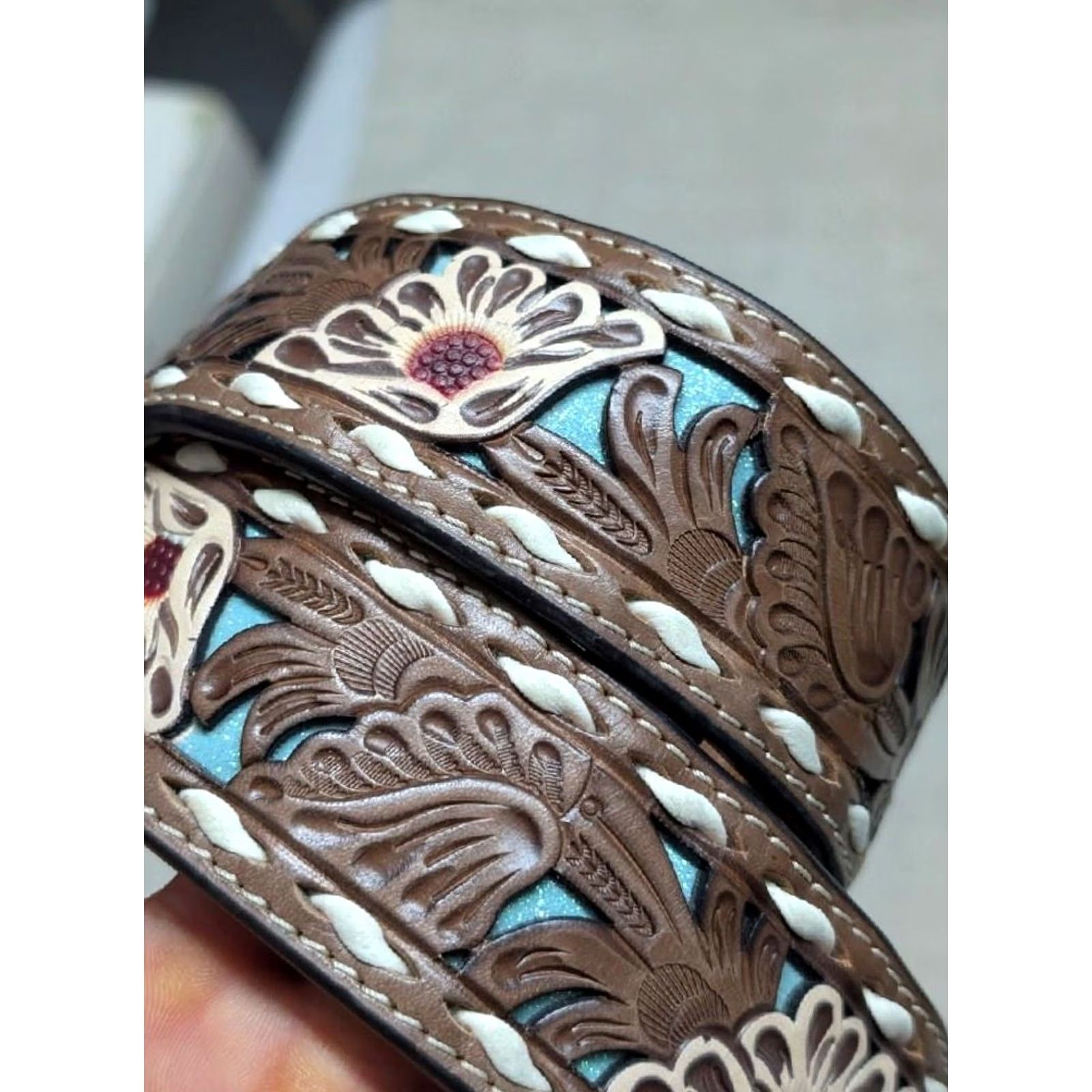 Ariat VINTAGE Ariat Western Belt 34 Leather Tooled Floral Buckle Tapered Brown Men Size 34 - 3 Thumbnail