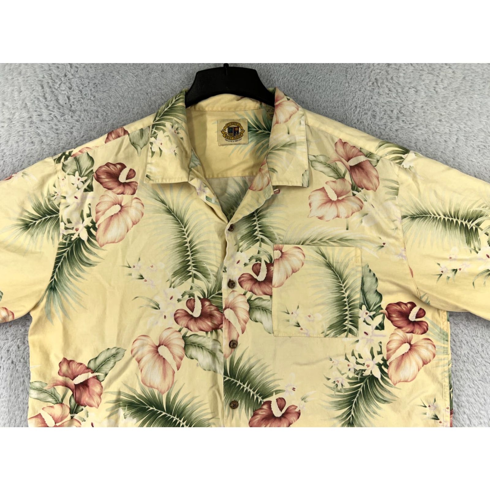 Vintage Pussers Mens Button-Up Shirt XL Yellow Floral Hibiscus Silk Blend Hawaiian Aloha Beach Vacation Resort Casual Size US XL / EU 56 / 4 - 6 Thumbnail