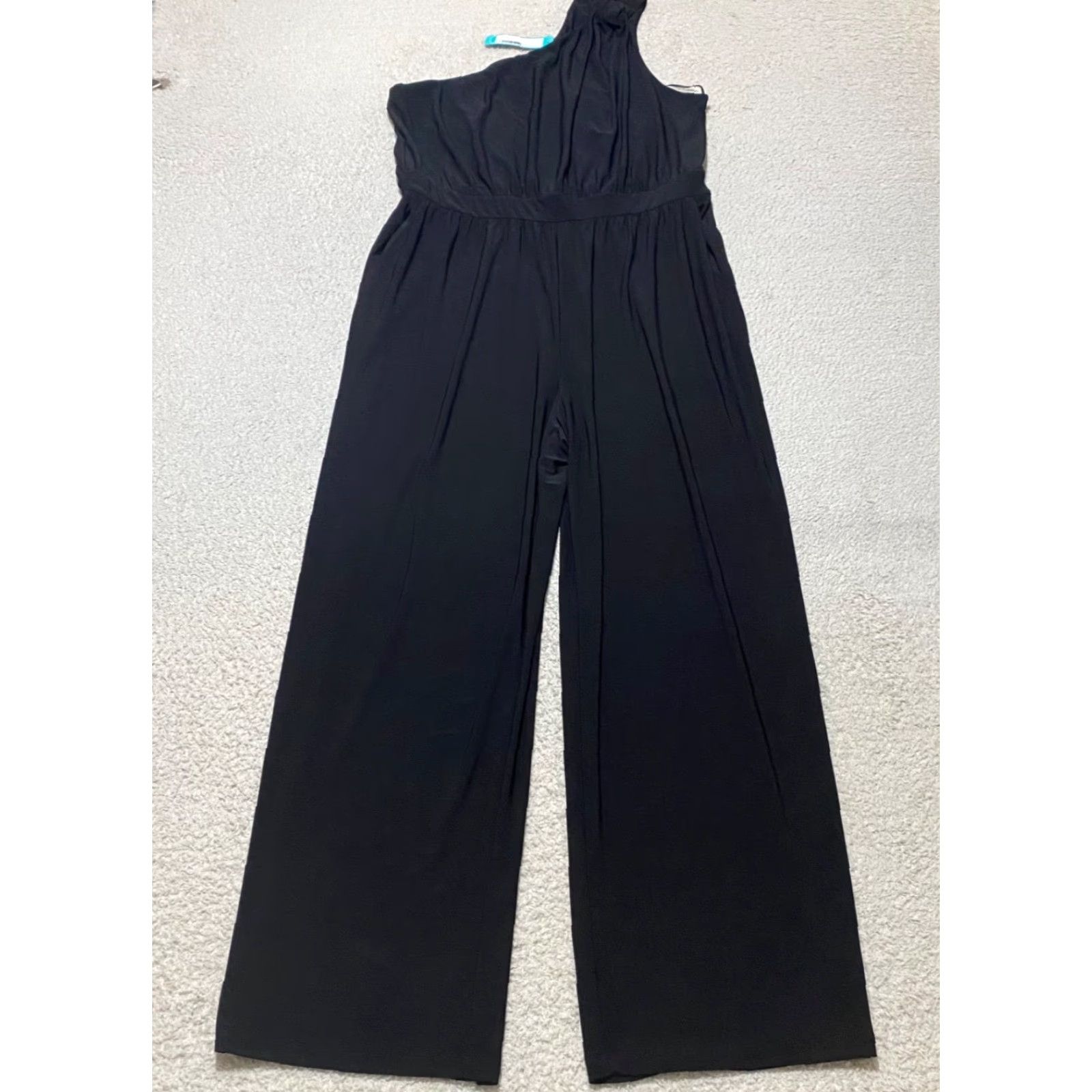 Vintage Kaileigh Jumpsuit Women 1X Plus One Shoulder Knit Black Solid Wide-Leg Summer Spring Fall Womens Size 40" / US 18 - 2 Thumbnail